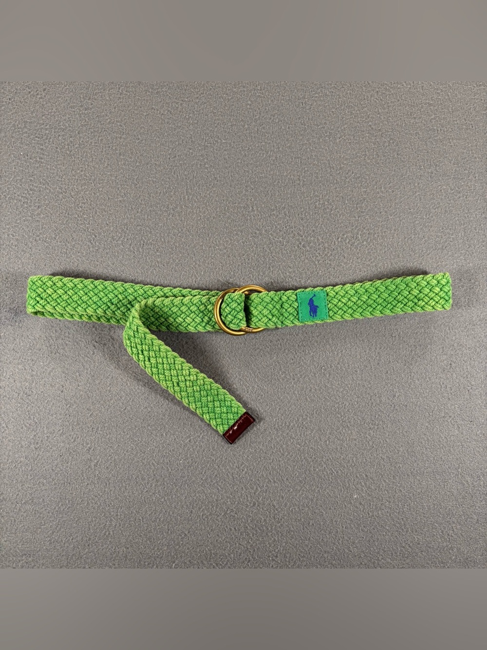 Polo Ralph Lauren Mens Green Braided Cotton Belt Leather Trim D Ring Pony
